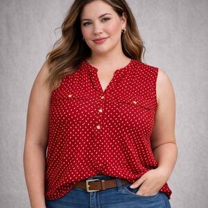 Croft & Barrow Red Creamy White Dot Sleeveless Blouse Size 1X Gold Button Top